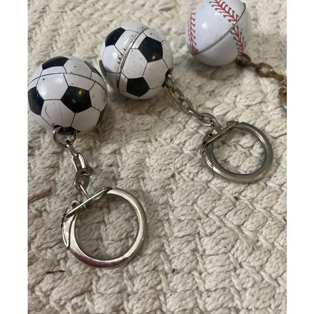 Vintage Tin Litho Sports Keychain Lot 70s 80s Metal Soccer Baseball Novelty